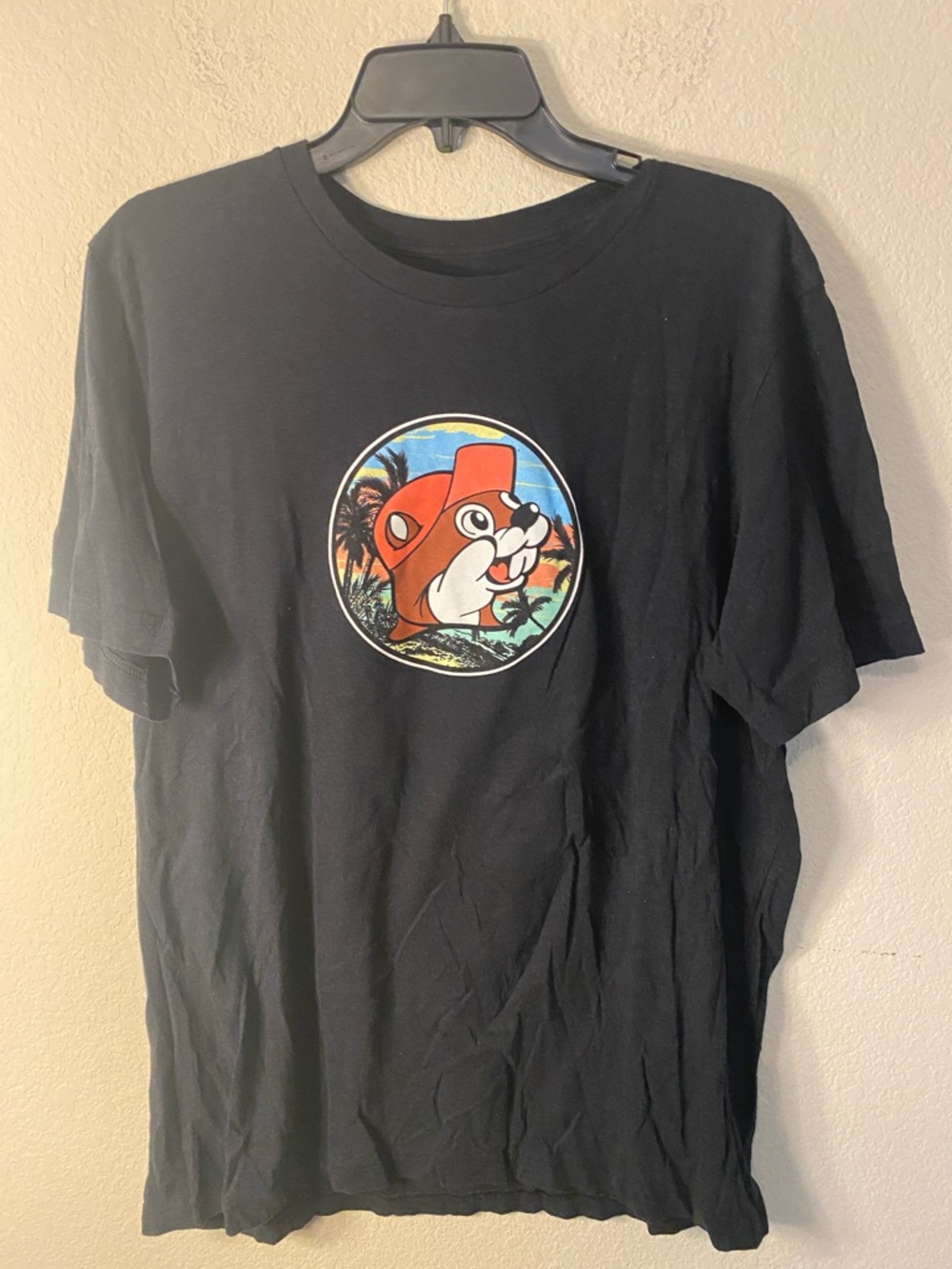 Men's Black Short Sleeve Graphic Tee with Colorful Cartoon Patch